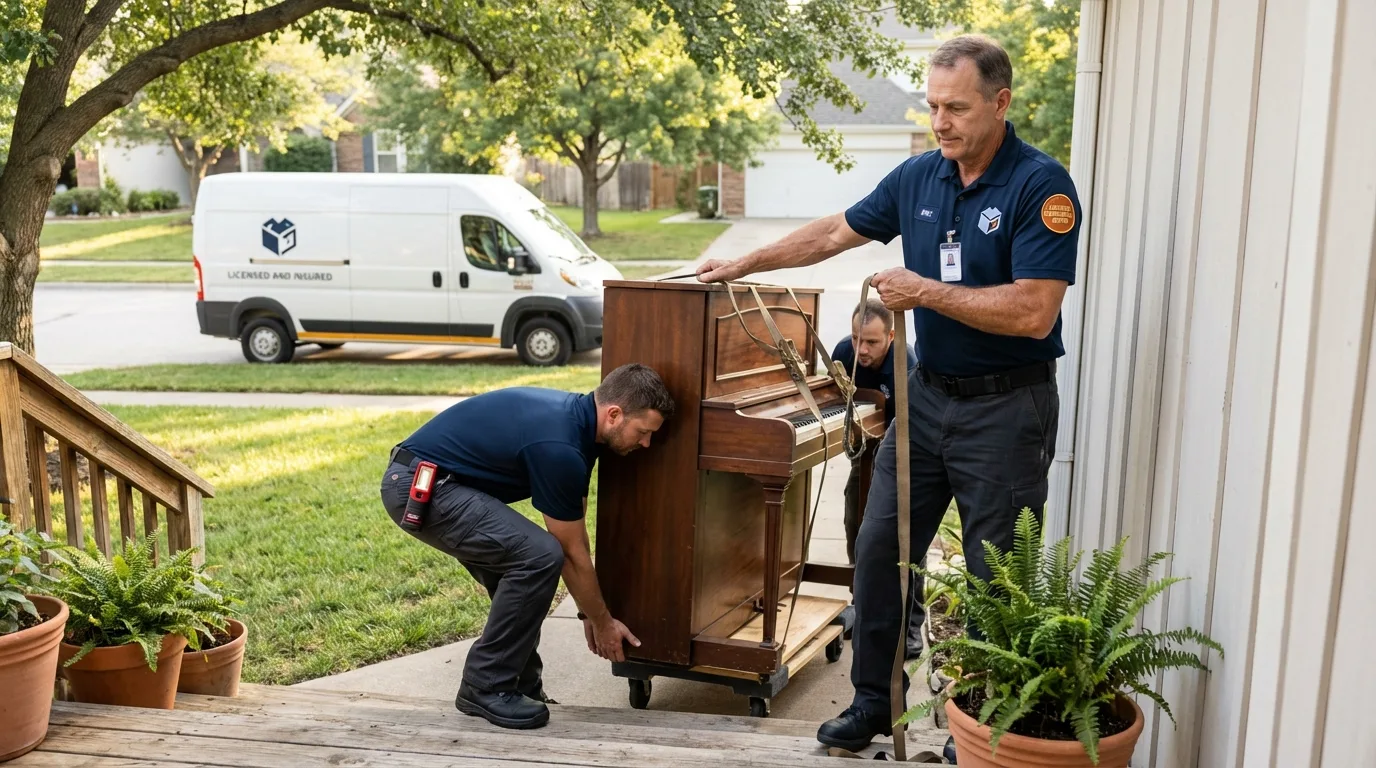 Licensed piano movers securing grand piano in Escondido, CA