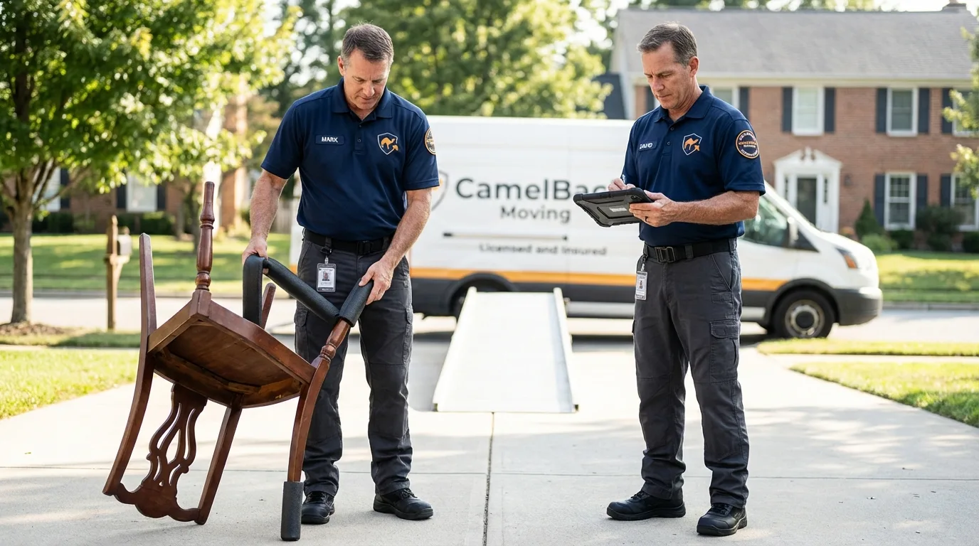 Movers inspecting furniture for damage prevention before loading in Escondido, CA