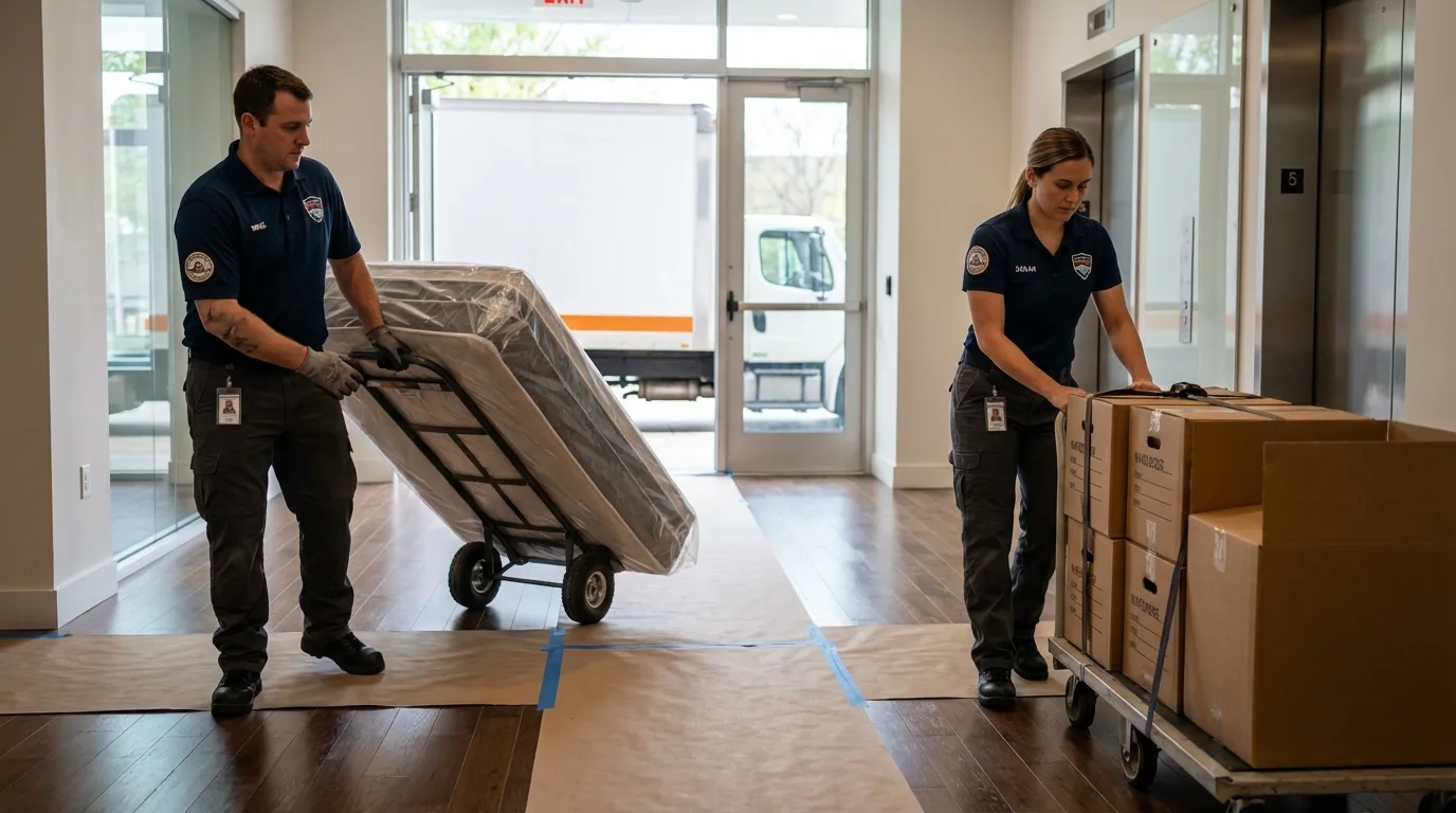 Professional apartment movers loading elevator in Escondido, CA